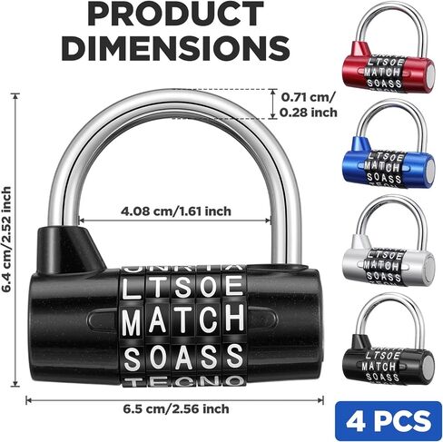4 عبوات من 5 أحرف - أقفال كلمات قابلة لإعادة الضبط بدون مفتاح لخزائن الصالة الرياضية وصناديق الأدوات والخزائن والمشبك - سبائك الزنك شديدة التحمل، مجموعة مكونة من 5 أرقام (أسود، فضي، أحمر، أزرق) in Kuwait