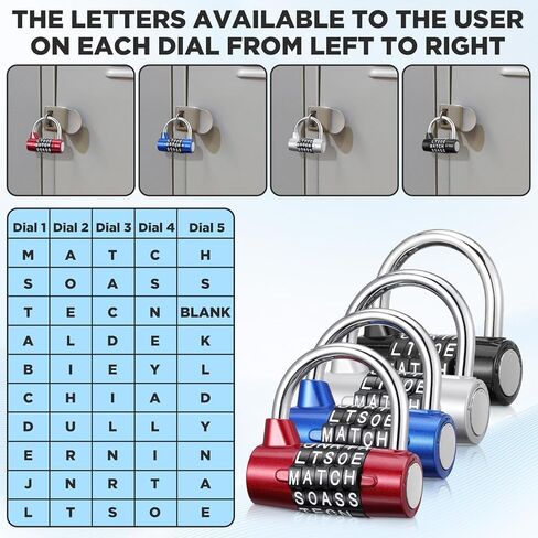 4 عبوات من 5 أحرف - أقفال كلمات قابلة لإعادة الضبط بدون مفتاح لخزائن الصالة الرياضية وصناديق الأدوات والخزائن والمشبك - سبائك الزنك شديدة التحمل، مجموعة مكونة من 5 أرقام (أسود، فضي، أحمر، أزرق) in Kuwait