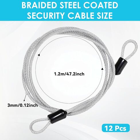12 حزمة من قفل كابل الأمان بطول 4 أقدام/48 بوصة، كابل فولاذي 3 مم مع حلقات، حبل سلك مطلي بالفولاذ المضفر، قفل دراجة الأمتعة، حلقة مزدوجة آمنة لأقفال U، قفل وأقفال القرص in Kuwait