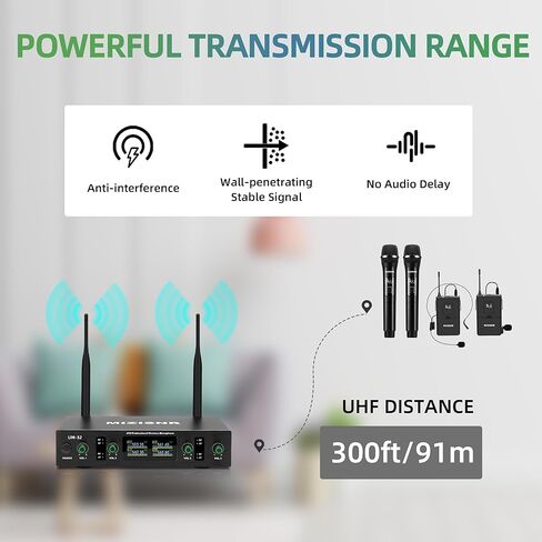 نظام ميكروفون لاسلكي على شكل طية صدر السترة مع سماعة رأس وميكروفونات Lavalier، جهاز استقبال معدني ذو 4 قنوات UHF مع 2 ميكروفونات محمولة و2 حقيبة للجسم، نطاق 300 قدم للغناء والكنيسة والكاريوكي والزفاف in Kuwait