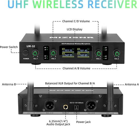 نظام ميكروفون لاسلكي على شكل طية صدر السترة مع سماعة رأس وميكروفونات Lavalier، جهاز استقبال معدني ذو 4 قنوات UHF مع 2 ميكروفونات محمولة و2 حقيبة للجسم، نطاق 300 قدم للغناء والكنيسة والكاريوكي والزفاف in Kuwait