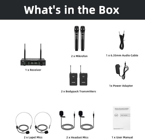 نظام ميكروفون لاسلكي على شكل طية صدر السترة مع سماعة رأس وميكروفونات Lavalier، جهاز استقبال معدني ذو 4 قنوات UHF مع 2 ميكروفونات محمولة و2 حقيبة للجسم، نطاق 300 قدم للغناء والكنيسة والكاريوكي والزفاف in Kuwait