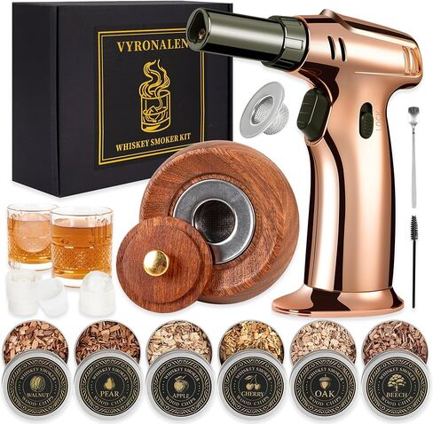 Whiskey Smoker Kit with Torch & 6 Flavor Wood Chips, Old Fashioned Cocktail Smoker Kit for Drinks, Bourbon Smoker Kit with 2 Glasses & 2 Ice Molds. Gifts for Men, Dad, Husband, Father(NO Butane) in Saudi Arabia