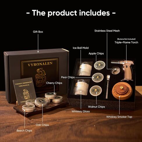 Whiskey Smoker Kit with Torch & 6 Flavor Wood Chips, Old Fashioned Cocktail Smoker Kit for Drinks, Bourbon Smoker Kit with 2 Glasses & 2 Ice Molds. Gifts for Men, Dad, Husband, Father(NO Butane) in Saudi Arabia