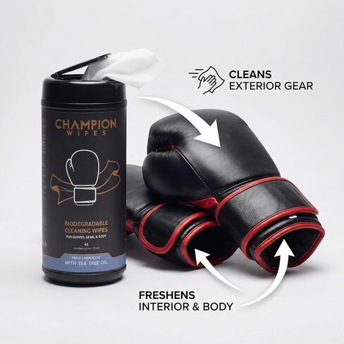 Boxing Glove Cleaning Wipes, 45 Count | Tea Tree Oil Formula | For Gloves, Gear & Body | Made with Biodegradable Viscose | Streak Free, No Residue (Canister, Fresh Linen) in Saudi Arabia