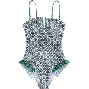 بدلة سباحة نسائية من SHENHE قطعة واحدة مزينة بالزهور للتحكم في البطن ورقبة على شكل حرف V مكشكشة in Kuwait