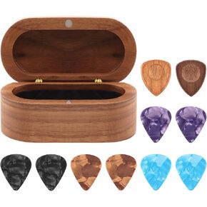 Guitar Pick Case Set with 2 Wood Picks and 8 Celluloid Picks, Mini Jewelry Box, Wooden Guitar Pick Holder for Gui-tar Lover(COLOR:Brown) in Kuwait