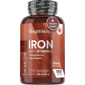 WeightWorld Iron Supplement 65mg - with Vitamin C 125mg - 180 Tablets (6 Months Supply) - Gentle Carbonyl Iron Supplement for Women & Men - Energy Booster & Blood Heath - Vegan, Non-GMO & Gluten-Free in Kuwait