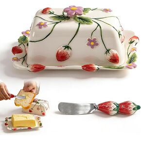 Strawberry Embossed Butter Dish with Lid - Ceramic Butter Keeper with Knife, Hand-Painted Underglaze Decoration, Oven-Safe, Dishwasher Safe, Gift for Mothers Day Thanksgiving Christmas in Kuwait
