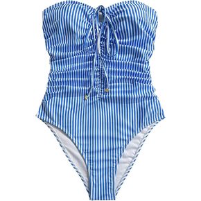 Floerns Women's One Piece Swimsuit Striped Ruched Strapless Bandeau Bathing Suit Beachwear in Kuwait