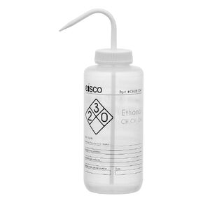 Wash Bottle for Ethanol, 1000ml - Labeled with Color Coded Chemical & Safety Information (2 Color) - Wide Mouth, Self Venting, Low Density Polyethylene - Performance Plastics by Eisco Labs in Kuwait