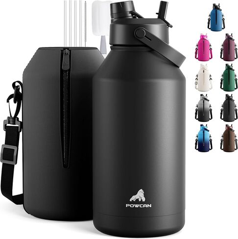 POWCAN 64 oz Insulated Water Bottle for Sports: 2-in-1 Straw & Spout Lid, Leakproof, Carrier Bag, Shoulder Strap, Keep Cold 48H, BPA-Free, Half Gallon Metal Water Jug for Gym, Travel, Gift (Midnight) in Saudi Arabia