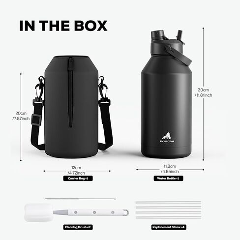 POWCAN 64 oz Insulated Water Bottle for Sports: 2-in-1 Straw & Spout Lid, Leakproof, Carrier Bag, Shoulder Strap, Keep Cold 48H, BPA-Free, Half Gallon Metal Water Jug for Gym, Travel, Gift (Midnight) in Saudi Arabia