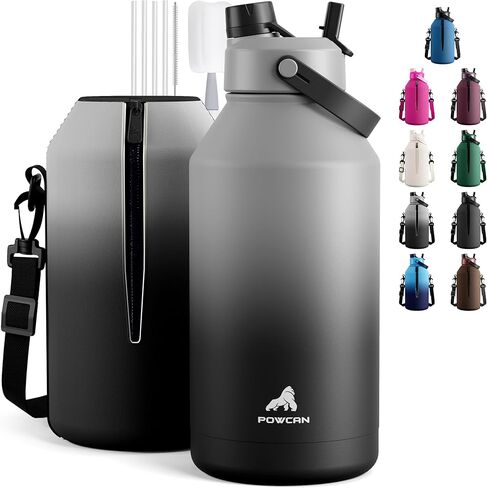 POWCAN 64 oz Insulated Water Bottle for Sports: 2-in-1 Straw & Spout Lid, Leakproof, Carrier Bag, Shoulder Strap, Keep Cold 48H, BPA-Free, Half Gallon Metal Water Jug for Gym, Travel, Gift (Midnight) in Saudi Arabia