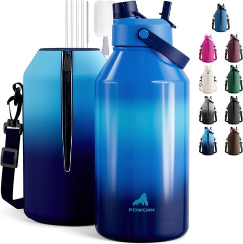 POWCAN 64 oz Insulated Water Bottle for Sports: 2-in-1 Straw & Spout Lid, Leakproof, Carrier Bag, Shoulder Strap, Keep Cold 48H, BPA-Free, Half Gallon Metal Water Jug for Gym, Travel, Gift (Midnight) in Saudi Arabia