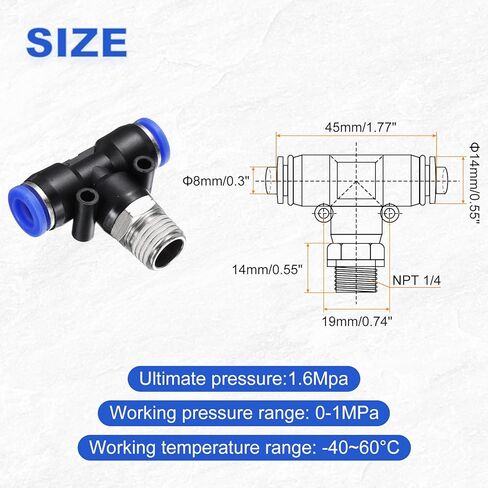 HARFINGTON 5pcs Air Line Fitting 8mm Tube OD x NPT 1/4 Thread PT4-U Pneumatic Male Branch Tee Quick Push to Connect Brass Air Line Hose for Industry Air System in Saudi Arabia