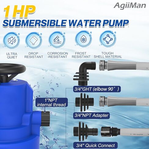 AgiiMan Automatic Submersible Water Pump - 1HP 5000GPH Pool Cover Pump with 33ft Power Cord for Pool Draining, Pond Pump Removal for Pool, Hot Tubs, Rooftops, Water Beds in Kuwait