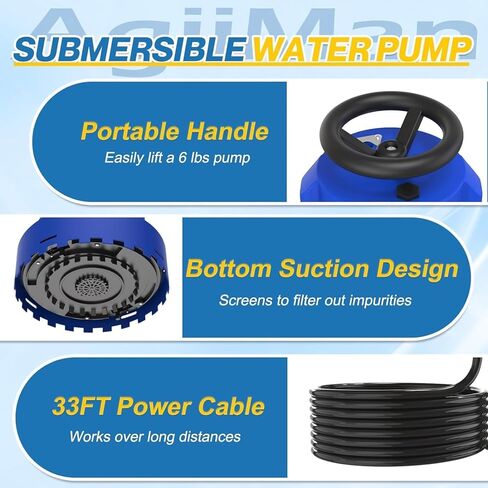 AgiiMan Automatic Submersible Water Pump - 1HP 5000GPH Pool Cover Pump with 33ft Power Cord for Pool Draining, Pond Pump Removal for Pool, Hot Tubs, Rooftops, Water Beds in Kuwait