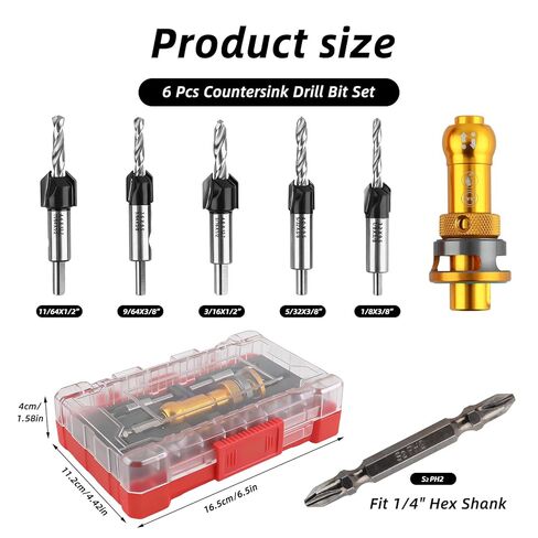 6Pcs Countersink Drill Bits Set with Depth Stop (1/8" 9/64" 5/32"+3/8" 82° Counter Bore,11/64" 3/16"+1/2" 82° Bore), Quick Change Hex Shank Countersink Drill with Phillips Bit for Woodworking Plastic in Kuwait