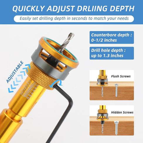 6Pcs Countersink Drill Bits Set with Depth Stop (1/8" 9/64" 5/32"+3/8" 82° Counter Bore,11/64" 3/16"+1/2" 82° Bore), Quick Change Hex Shank Countersink Drill with Phillips Bit for Woodworking Plastic in Kuwait