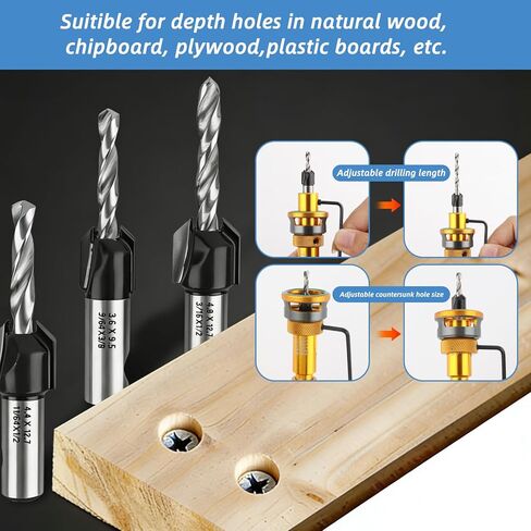 6Pcs Countersink Drill Bits Set with Depth Stop (1/8" 9/64" 5/32"+3/8" 82° Counter Bore,11/64" 3/16"+1/2" 82° Bore), Quick Change Hex Shank Countersink Drill with Phillips Bit for Woodworking Plastic in Kuwait