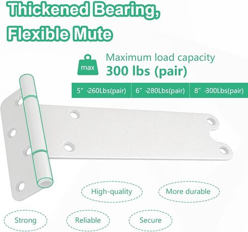6 inch Gate Hinges,280 Lbs Capacity, Matte White Hinges,4 Pack Heavy Duty Door Hinge, T-Strap Shed Gate Hinges,Hardware for Wooden Fences, Barn Door Hinge (6 in - 4 Pack - U)-Patent Pending in Saudi Arabia