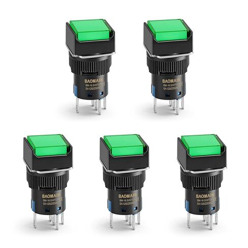 Baomain 5/8" 16mm Push Button Switch Latching Square Cap LED Lamp Green Light DC 12V SPDT 5 Pin 5 Pack in Saudi Arabia