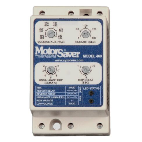 SymCom MotorSaver 3-Phase Voltage Monitor, Model 460-15, 190-480V, Motor Control Via 2 Normally Open Contactors, DIN Rail Mount in Saudi Arabia