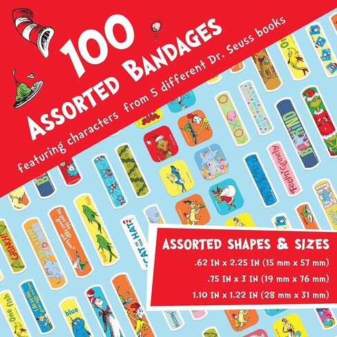 ضمادات دكتور سوس، 3 أحجام متنوعة 100 قيراط | ضمادات لاصقة مرنة للجروح البسيطة والخدوش والحروق. ارتداء مثل الملصقات. فكرة هدية عظيمة للأطفال. in Kuwait