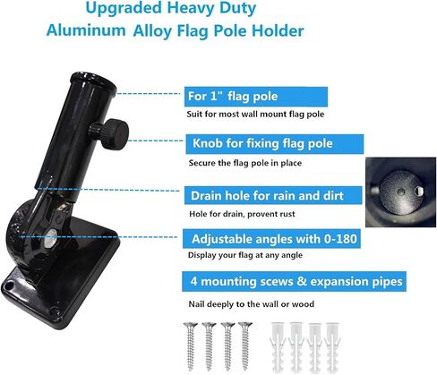 Aluminum Wall Mount Flag Pole Bracket Adjustable Flag Holder, Multi-Position 1 inch (Pack of 1,Shiny Black) in Saudi Arabia