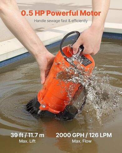 VEVOR 1/2 HP Submersible Trash Pump, 2000 GPH, 120V Cast Iron Submersible Sump Sewage Pump with 2 in Discharge, 39 ft Max Lift, Drain Dirty Clean Water, for Pools, Garden, Pond, Basement, Flooded Area in Saudi Arabia