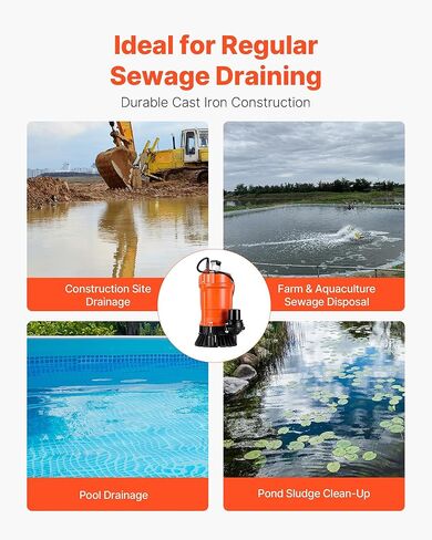 VEVOR 1/2 HP Submersible Trash Pump, 2000 GPH, 120V Cast Iron Submersible Sump Sewage Pump with 2 in Discharge, 39 ft Max Lift, Drain Dirty Clean Water, for Pools, Garden, Pond, Basement, Flooded Area in Saudi Arabia