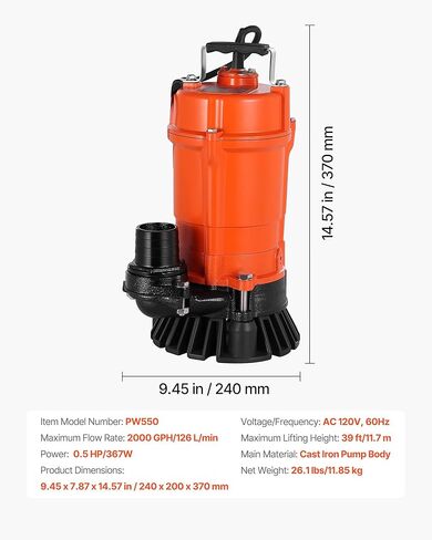 VEVOR 1/2 HP Submersible Trash Pump, 2000 GPH, 120V Cast Iron Submersible Sump Sewage Pump with 2 in Discharge, 39 ft Max Lift, Drain Dirty Clean Water, for Pools, Garden, Pond, Basement, Flooded Area in Saudi Arabia