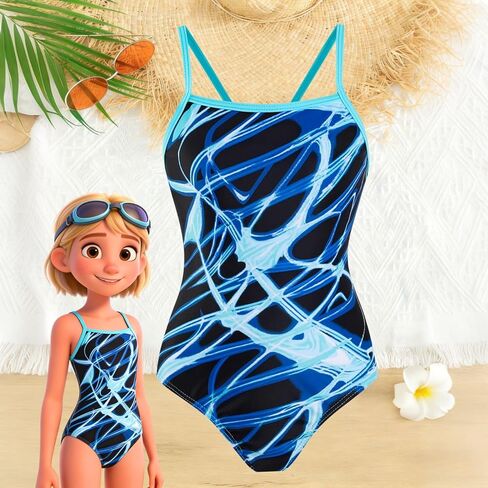 Girls One Piece Swimsuit Athletic Bathing Suits for Training Black Blue Color Block Swirl Pattern Quick Drying 7-13Y in Saudi Arabia