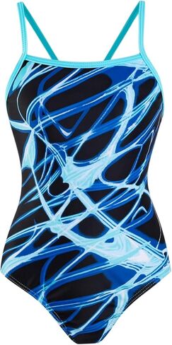 Girls One Piece Swimsuit Athletic Bathing Suits for Training Black Blue Color Block Swirl Pattern Quick Drying 7-13Y in Saudi Arabia