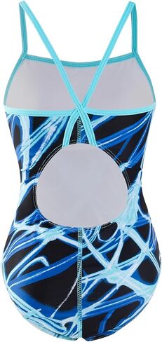 Girls One Piece Swimsuit Athletic Bathing Suits for Training Black Blue Color Block Swirl Pattern Quick Drying 7-13Y in Saudi Arabia