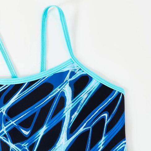 Girls One Piece Swimsuit Athletic Bathing Suits for Training Black Blue Color Block Swirl Pattern Quick Drying 7-13Y in Saudi Arabia