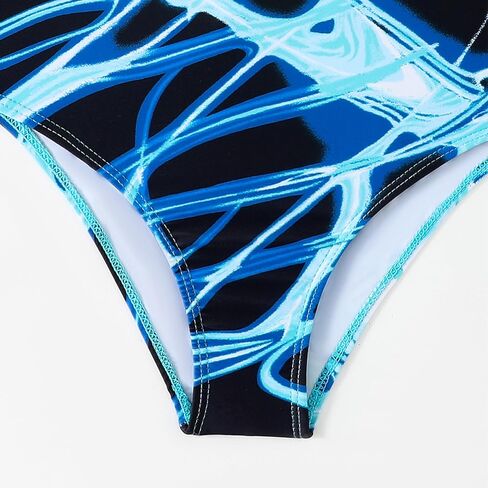 Girls One Piece Swimsuit Athletic Bathing Suits for Training Black Blue Color Block Swirl Pattern Quick Drying 7-13Y in Saudi Arabia