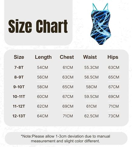 Girls One Piece Swimsuit Athletic Bathing Suits for Training Black Blue Color Block Swirl Pattern Quick Drying 7-13Y in Saudi Arabia
