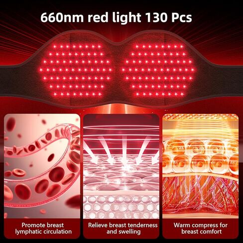 جهاز العلاج بالضوء الأحمر للصدر - 130 مصباح LED 660 نانومتر، تدليك بالاهتزاز، 3 مستويات للحرارة (95 درجة فهرنهايت / 104 درجة فهرنهايت / 113 درجة فهرنهايت) - تخفيف آلام الثدي والتهابه in Kuwait