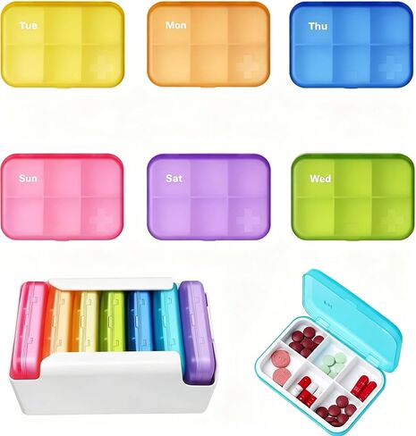 6 Times a Day, 7 Piece Set Pill Organizer-Weekly Daily Travel Medicine Multicolored Organizer,Portable 7 Day Pill Box with Moisture-Proof Pill Case Travel Pill Container for Vitamins Supplements in Saudi Arabia
