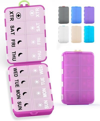 منظم حبوب الدواء للسفر - منظم حبوب الدواء الأسبوعي مع مقصورتين إضافيتين، ملصقات مطبوعة شفافة، موزع حبوب الدواء صباحًا ومساءً in Kuwait