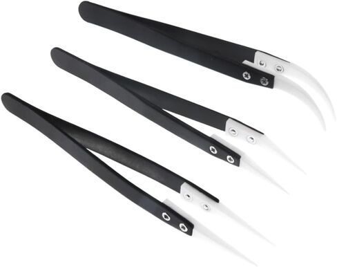 3pcs Precision Ceramic Reverse Solder Tweezers, Non-Conductive, Anti-Magnetic Pointed & Curved Tips Tweezers Set, Cross Lock Fiber Grip Soldering Tool, Heat Resistant(Black) in Saudi Arabia