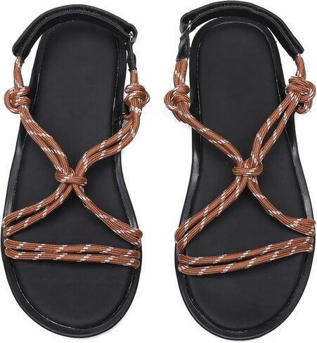 صنادل مسطحة من الحبال للنساء قابلة للتعديل ومريحة وسهلة الارتداء عند أصابع القدم المفتوحة من الحبال المسطحة للنساء. in Kuwait