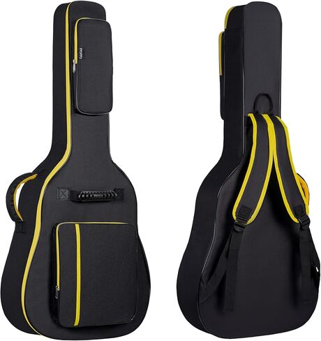 40/41/42" Acoustic Guitar Gig Bag, 600D Waterproof Nylon Fabric, 0.35" Thick Padded Guitar Case with 3 Pockets, Padded Side/Front Handles and Shoulder Strap - Black & Yellow in Kuwait