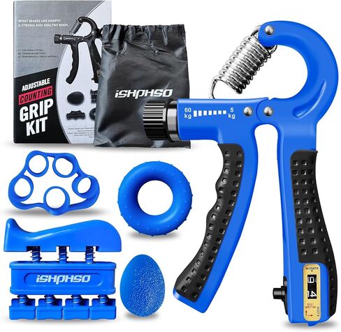 Hand Grip Strengthener,ishphso Workout Kit 5 Blue Pack Adjustable Resistance Forearm Strengthener Exerciser Finger Stretcher Grip Ring & Stress Relief Grip Ball for Athletes and Forearm Workout Ring for Hand Therapy Forearm Strength Training in Saudi Arabia