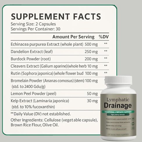 Lymphatic Drainage Capsules – Natural Herbal Blend with Dandelion, Burdock, Kelp & Echinacea – Supports Circulation & Fluid Balance in Saudi Arabia
