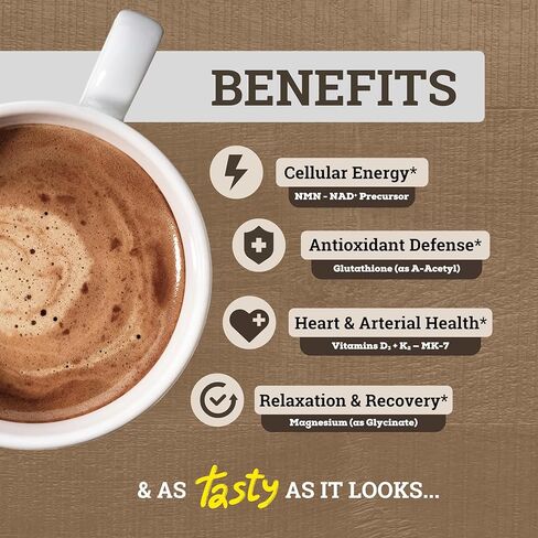 مزيج سائل NAD+ بديل لقهوة موكا 10 في 1 مع NMN 250 مجم، الجلوتاثيون 250 مجم، TMG، جليسينات المغنيسيوم، فيتامينات D3، K2، C B12، كاكاو عالي البوليفينول، 30 حصة. in Kuwait