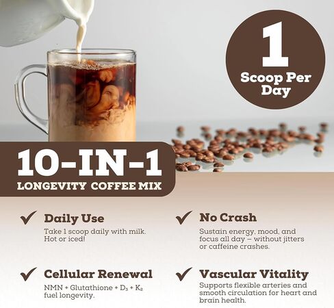 مزيج سائل NAD+ بديل لقهوة موكا 10 في 1 مع NMN 250 مجم، الجلوتاثيون 250 مجم، TMG، جليسينات المغنيسيوم، فيتامينات D3، K2، C B12، كاكاو عالي البوليفينول، 30 حصة. in Kuwait