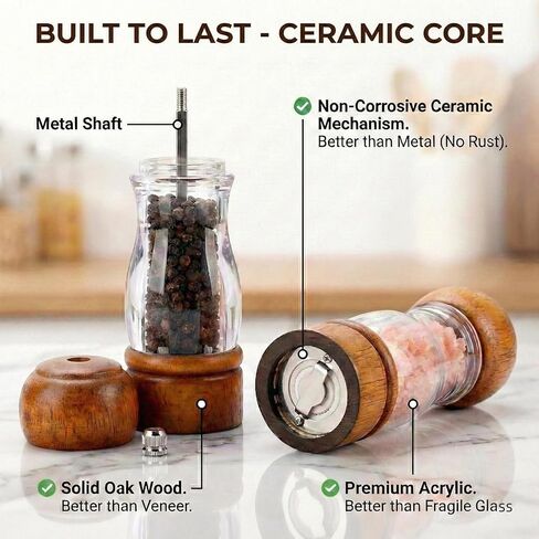 Wood Pepper Grinder Mill, 6.3 Inch Acrylic Sea Salt Shaker with Adjustable Coarseness, Refillable Manual Ceramic Core Spice Crusher for Kitchen Cooking, BBQ, Table Setting in Saudi Arabia